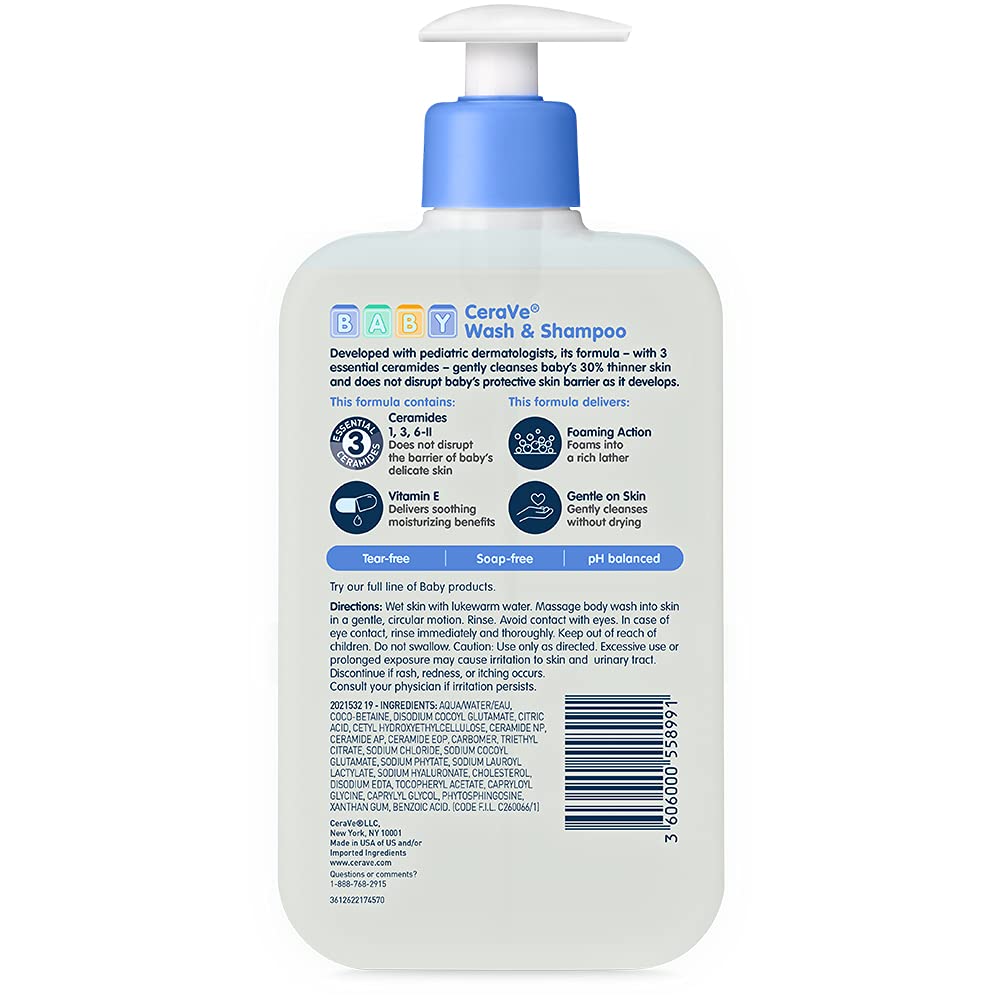 CeraVe Baby 2-in-1 Wash & Shampoo with Vitamin E for Hair & Skin, 16oz
