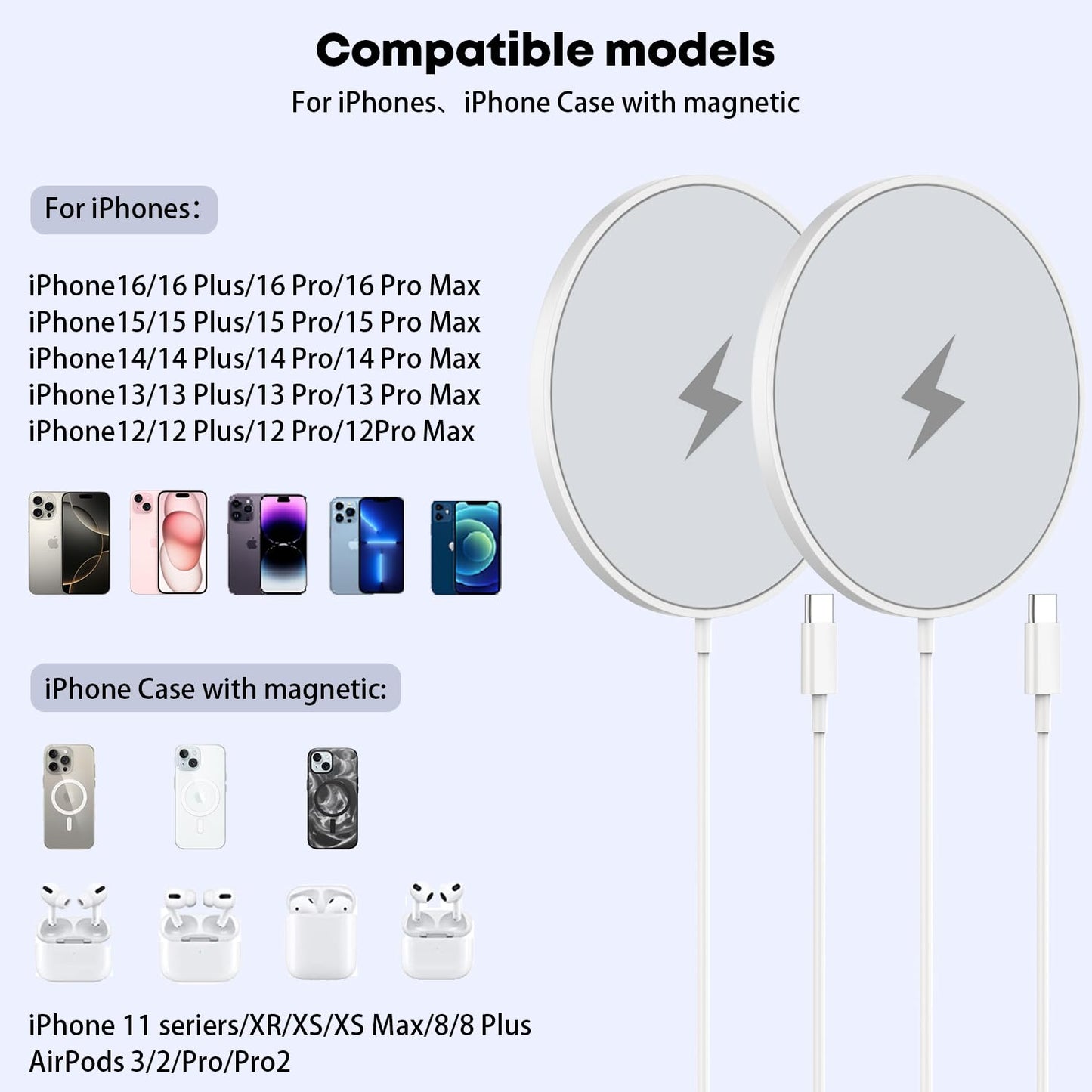 Magnetic Wireless Charger for iPhone,2 Pack Apple Magsafe Charger 10FT Long