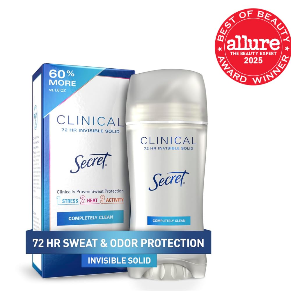 Secret Clinical Strength Invisible Solid Antiperspirant Deodorant for Women, 100HR Sweat & Odor Protection, 3X Stress Protection with Hyaluronic Acid, PH Balanced, Completely Clean Scent, 2.6 oz