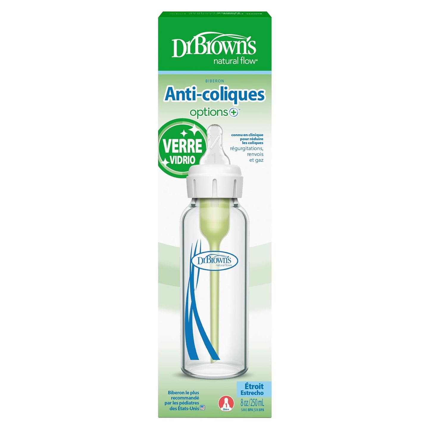 Dr. Brown's Anti-Colic Options+ Narrow Glass Baby Bottle, 8 oz, 1-Pack