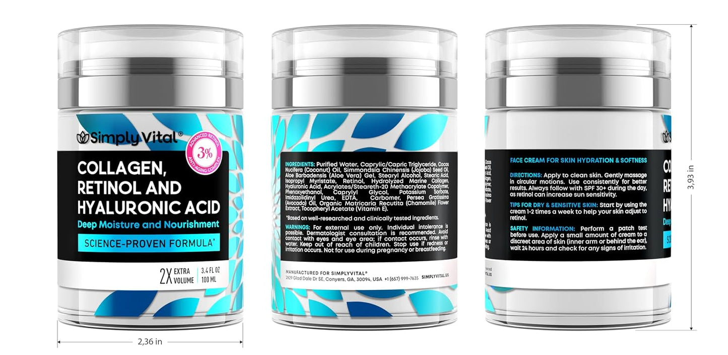 SimplyVital Face Moisturizer Retinol Collagen Hyaluronic Acid Cream 3.4 oz