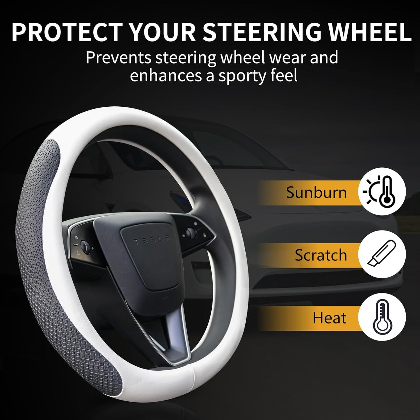 Uxcer Nappa Leather Steering Wheel Cover Compatible with Tesla Model 3/Y 2016-2025 2026 Juniper/Highland, Non-Slip Breathable Tesla Model 3/Y Steering Wheel Protector, White