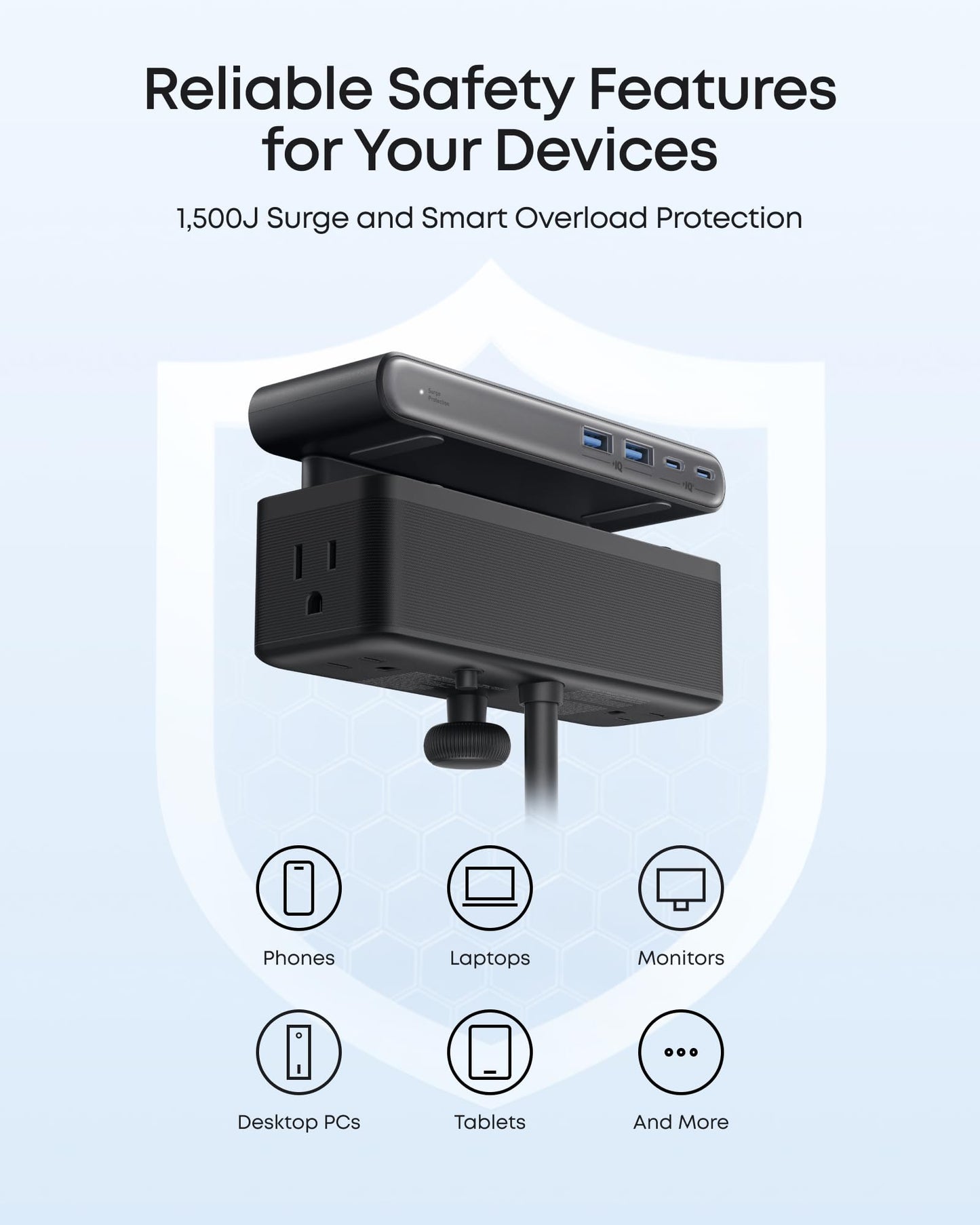 Anker Nano Power Strip, Desk Clamp, 70W Max, 1500J Surge Protector, 2 USB C