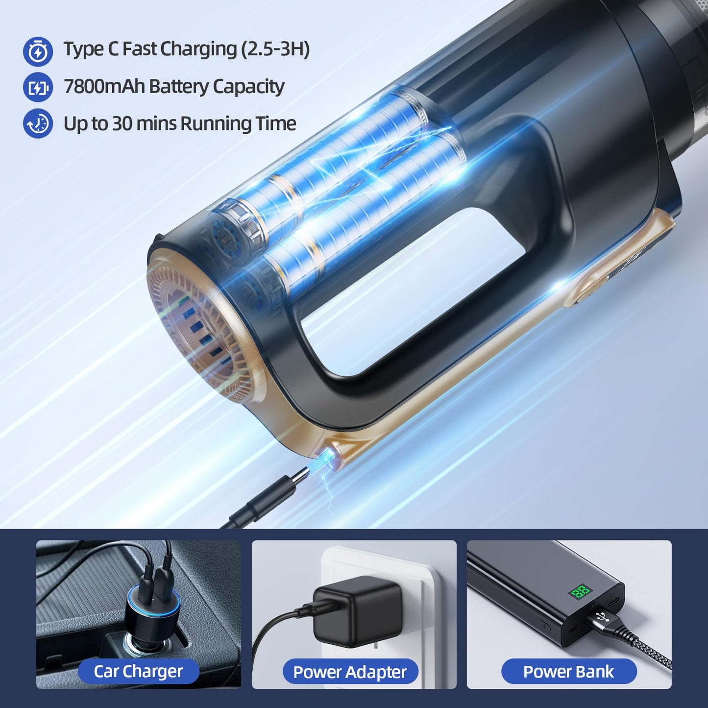 MONOZEL Car Vacuum Portable Cordless, 18000Pa 2 in 1 Vacuum Cleaner&Air Duster, 130W Brushless Motor Handheld Vacuum Cordless with 7800mAh Battery, LED Light, Multi-Nozzles for Car, Home, Office, Pet