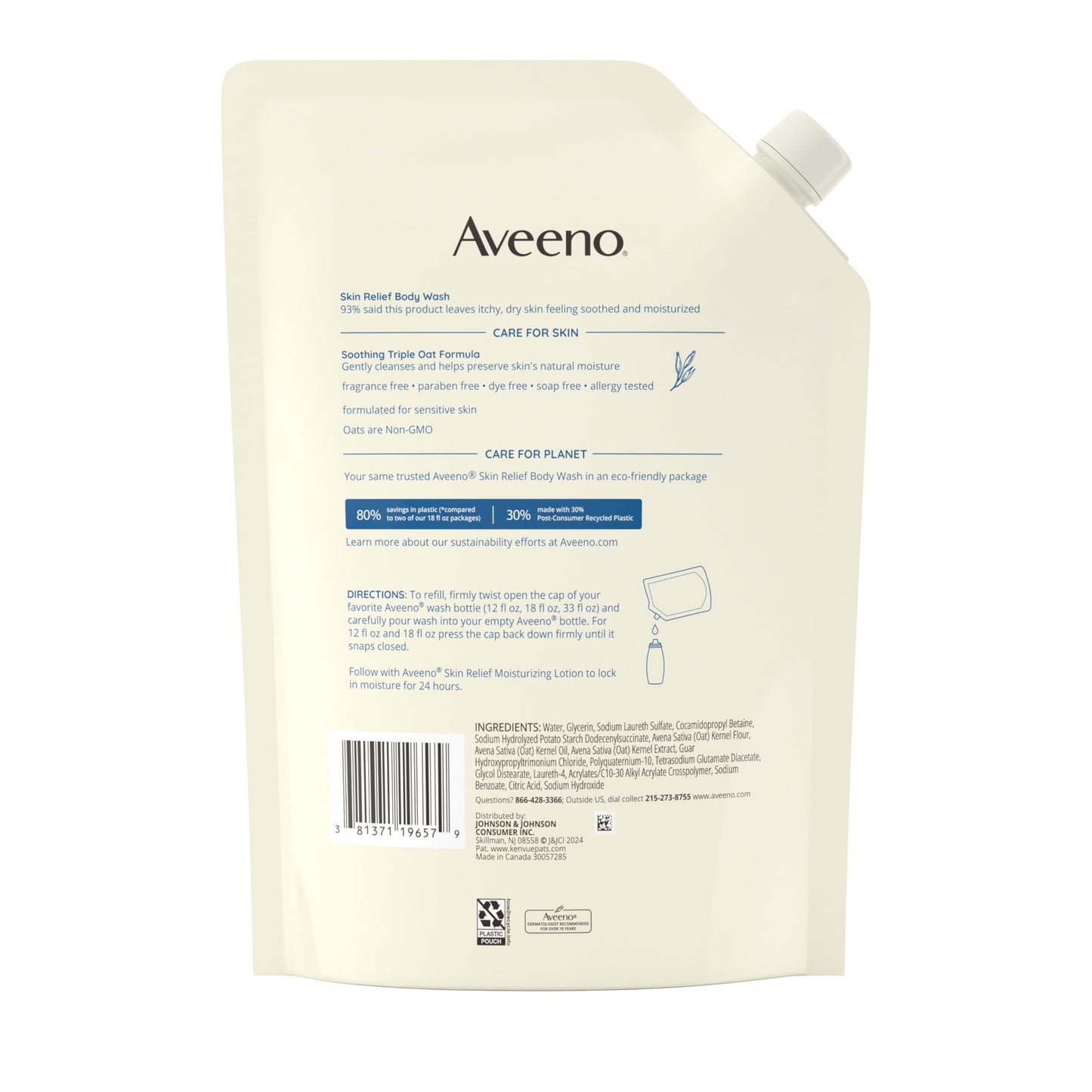 Aveeno Skin Relief Body Wash with Triple Oat Complex, Fragrance-Free, Gentle Daily Body Wash for Sensitive Skin Leaves Itchy, Dry Skin Feeling Soothed & Moisturized, Value Size 33 Fl Oz