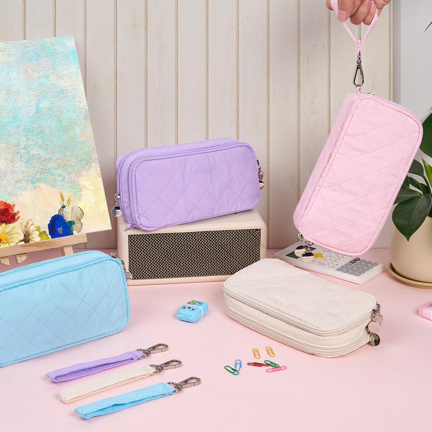 Sooez Large Pencil Case Pouch, Extra Big Pencil Bag with 8 Compartments, Pen Bag Wide Opening, Soft Quilted Pencil Pouch Organizer with Zipper, Portable Pencil Case for Teen Girls, Beige