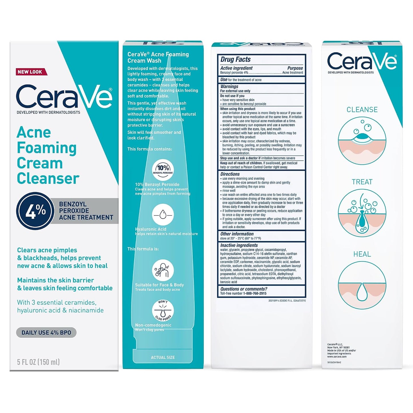 CeraVe Foaming Acne Cream Cleanser, Face Wash with 4% Benzoyl Peroxide, 5oz