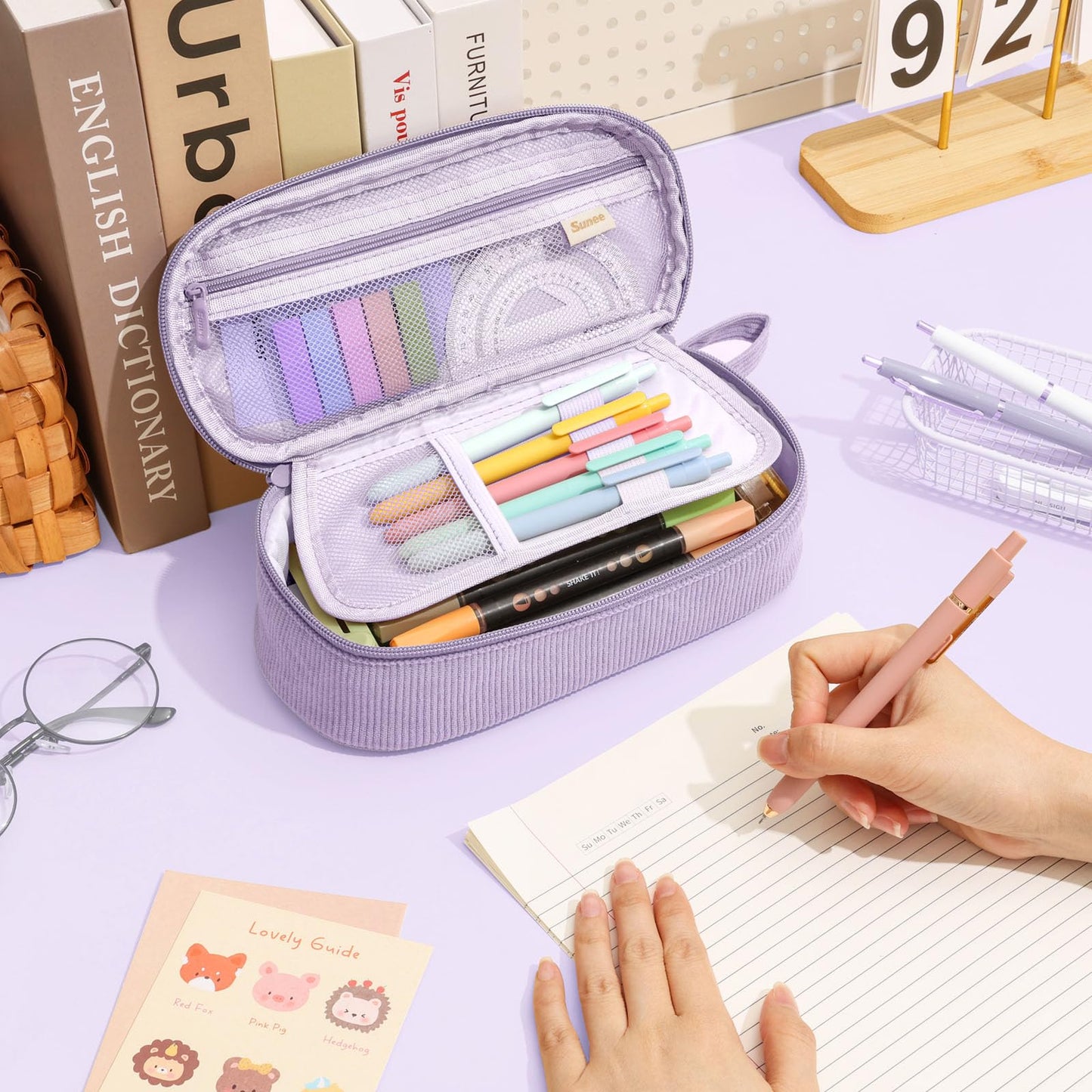 SUNEE Cute Pencil Case, Soft Corduroy Large Capacity Pencil Pouch, Aesthetic Zipper Pencil Bag, Big Storage Pen Organizer for Stationery, Pencil Box Back to School Supplies for Teen Girls Boys, Beige