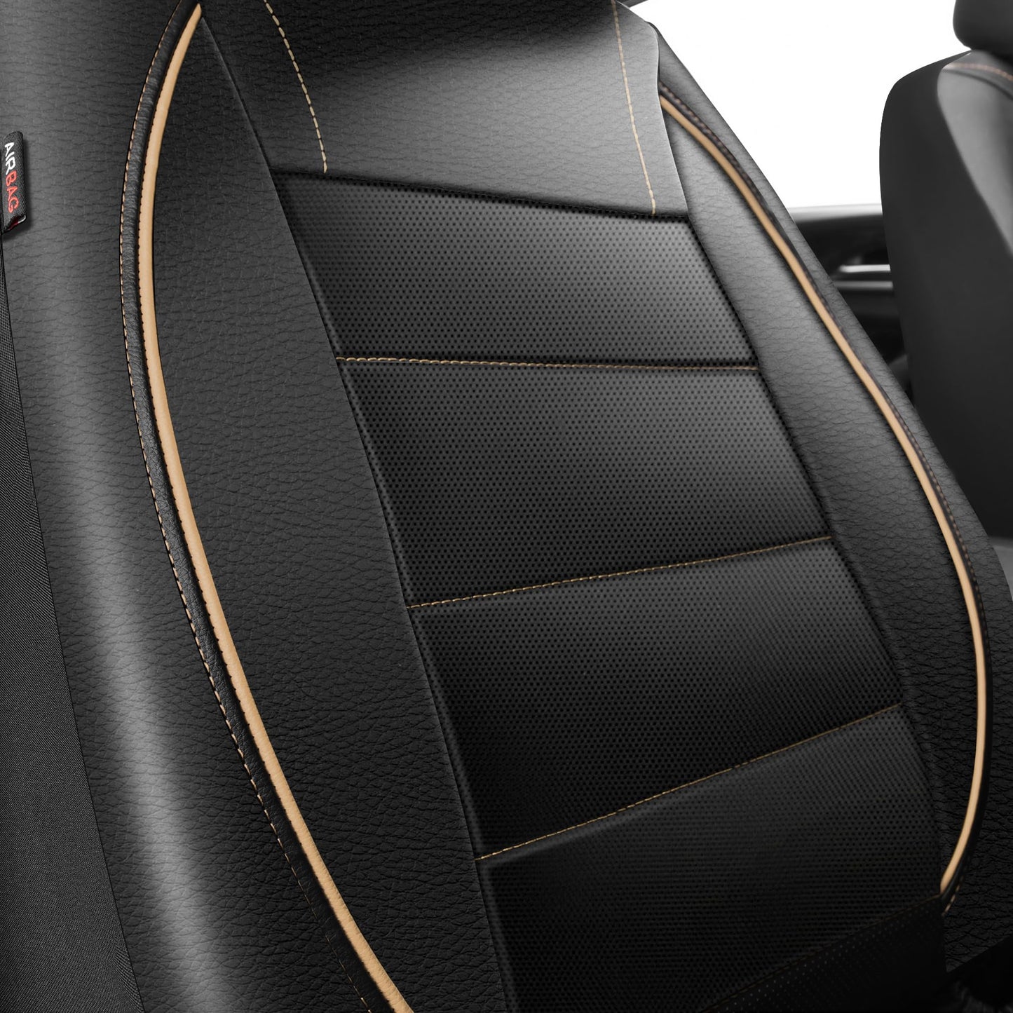 CAR PASS Universal FIT Piping Leather Car Seat Cover, for suvs,Van,Trucks,Airbag Compatible,Inside Zipper Design and Reserved Opening Holes (Full Set, Black and Red)