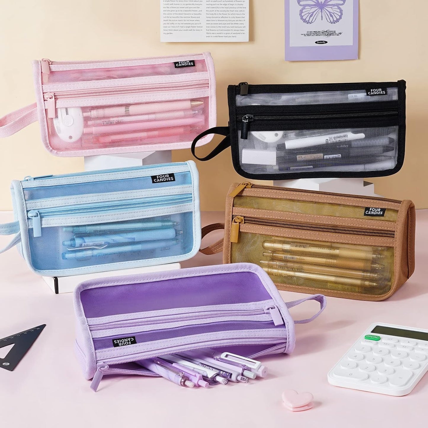Four Candies Grid Mesh Pencil Case, Clear Double-layer with Handle (Purple)