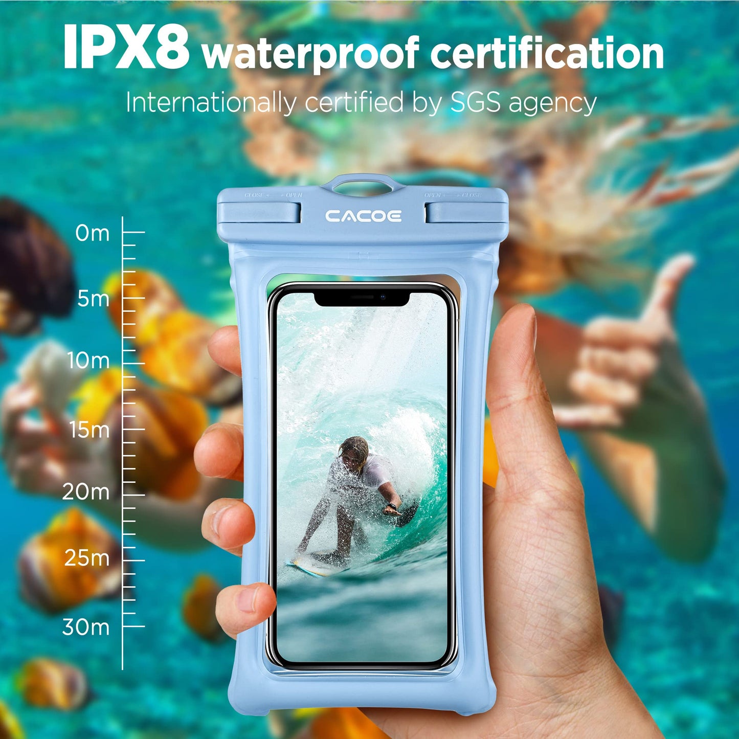 CACOE Floatable Waterproof Phone Pouch 2 Pack Up to 7.0",White+Blue