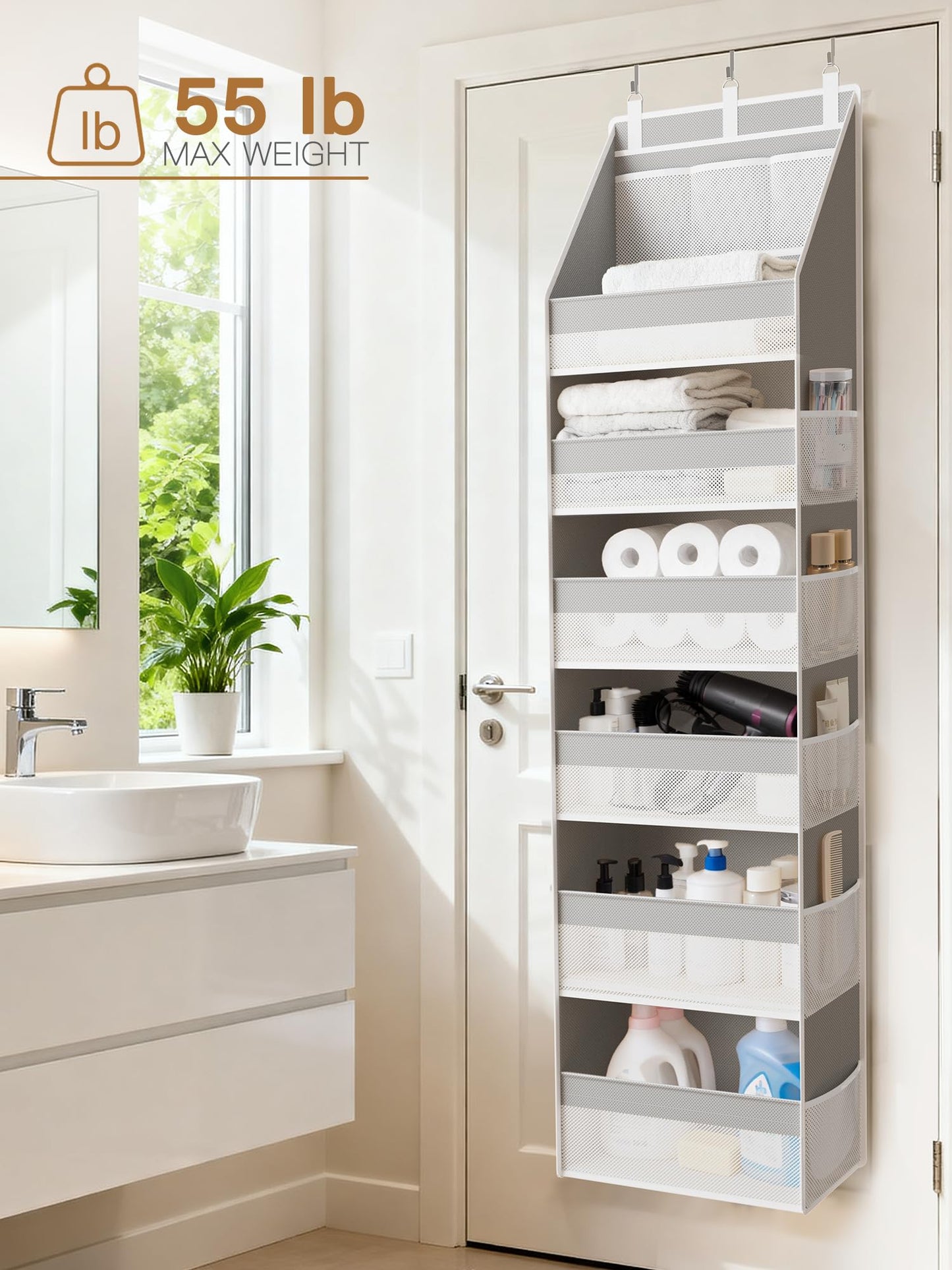Criusia Over the Door Organizer, Heavy-Duty 6-Shelf Hanging Storage with 13 Mesh Pockets, 55lbs Capacity Behind the Door Storage for Nursery, Bathroom, Bedroom, and Dorm, White