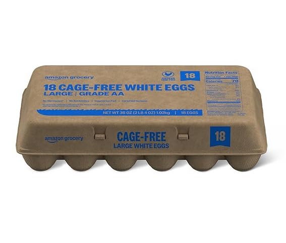 Amazon Grocery, Cage Free Large White Eggs, Grade A, 18 Ct
