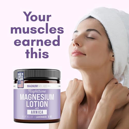 Magnum Solace Nighttime Magnesium Lotion with Arnica – Highly Concentrated Magnesium for Muscles & Joints – Apply to Legs or Feet Before Bed – Skin-Friendly