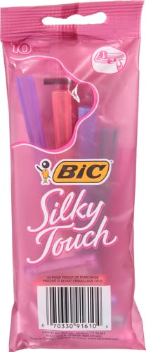 BIC Silky Touch Women's Disposable Razors, With 2 Blades, Pretty Pastel Razor Handles, 10 Count Pack of Shaving Razors