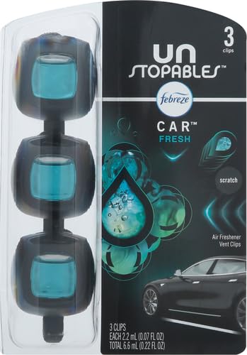 Febreze Car Air Freshener, Odor-Fighting Automotive Vent Clip, Scented Car Accessories, Long Lasting for Strong Odors, Unstopables Fresh Scent, .07 fl oz, 4 Count