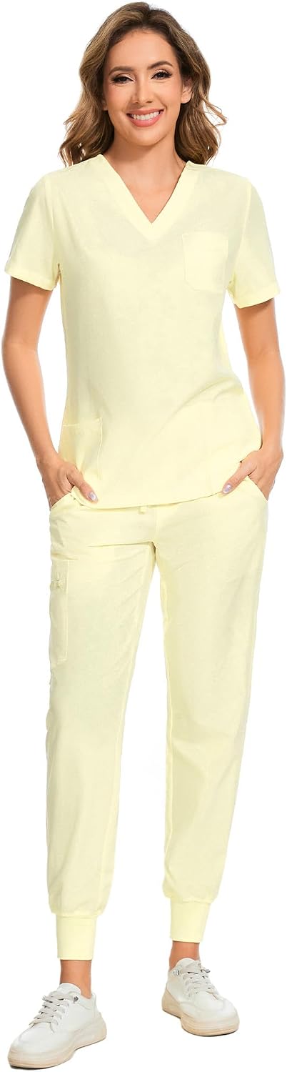COZYFIT Scrubs for Women Set - Stretch V-Neck & Jogger Pant with 9 Pockets