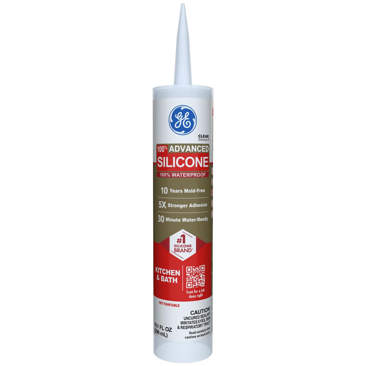 GE Advanced Silicone Caulk for Kitchen & Bathroom, White, 10 fl oz Cartridge, 1 Pack - 100% Waterproof Silicone Sealant, 5X Stronger Adhesion, Shrink & Crack Proof
