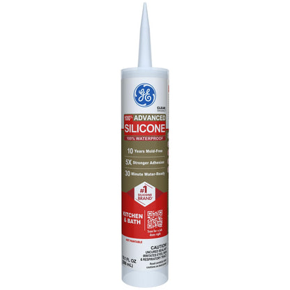 GE Advanced Silicone Caulk for Kitchen & Bathroom, White, 10 fl oz Cartridge, 1 Pack - 100% Waterproof Silicone Sealant, 5X Stronger Adhesion, Shrink & Crack Proof