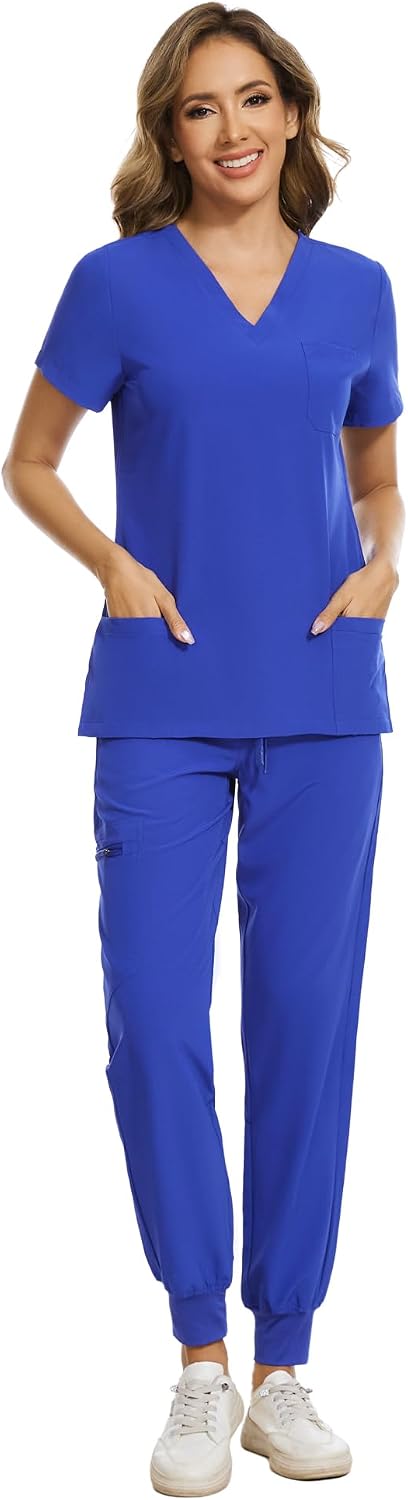 COZYFIT Scrubs for Women Set - Stretch V-Neck & Jogger Pant with 9 Pockets