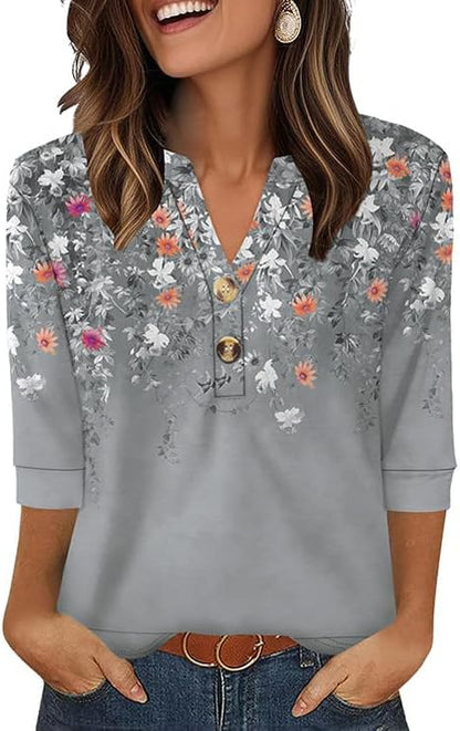 OFEEFAN Womens Tops 3/4 Sleeve Henley Shirts for Women Summer Outfits Fashion Clothing