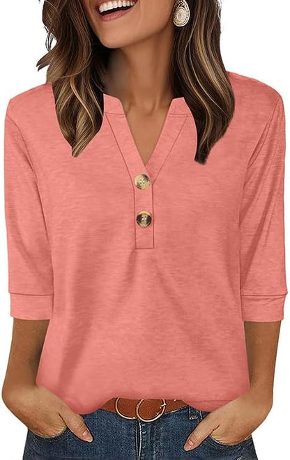 OFEEFAN Womens Tops 3/4 Sleeve Henley Shirts for Women Summer Outfits Fashion Clothing