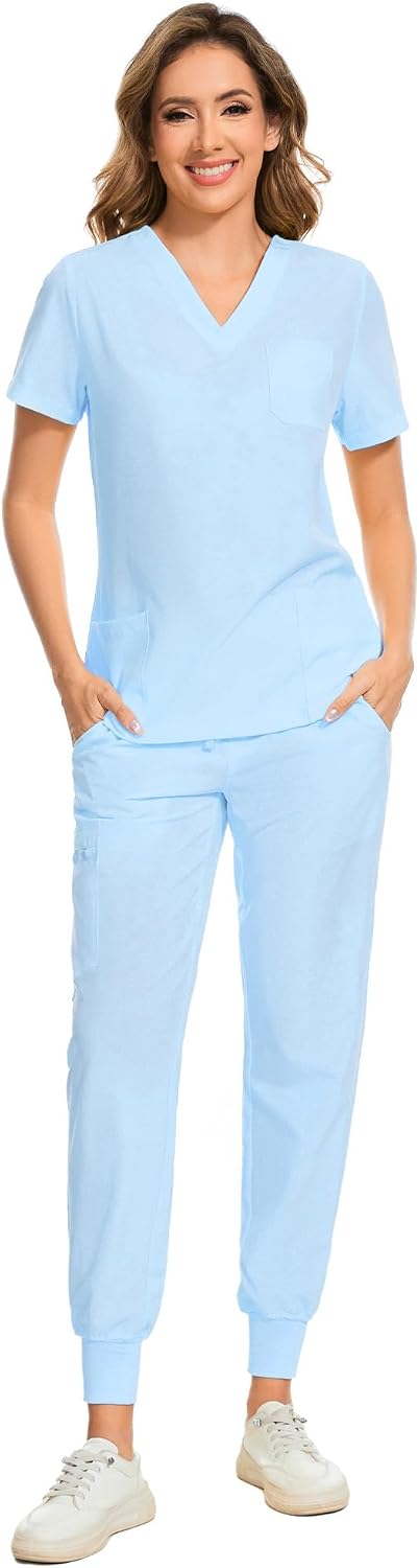 COZYFIT Scrubs for Women Set - Stretch V-Neck & Jogger Pant with 9 Pockets