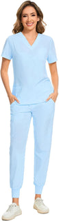 COZYFIT Scrubs for Women Set - Stretch V-Neck & Jogger Pant with 9 Pockets