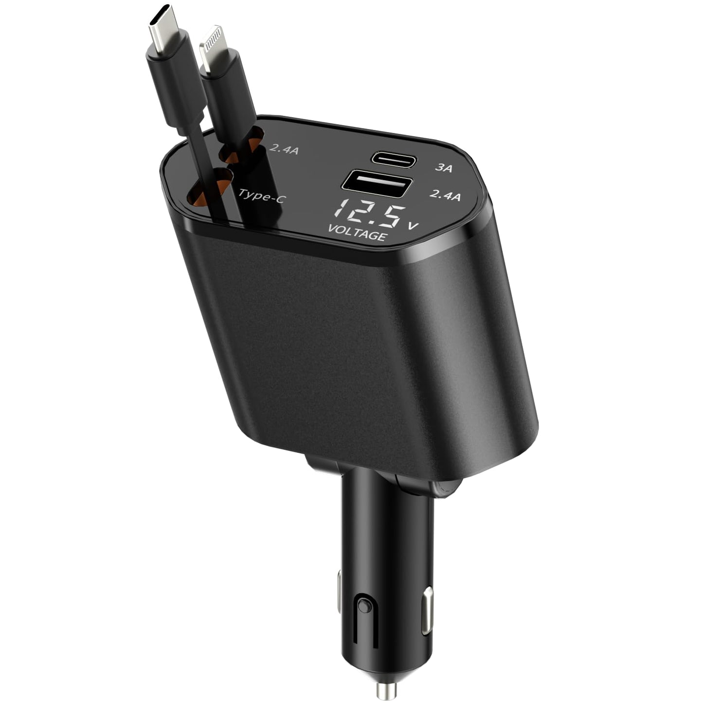 Retractable Car Charger, 4-in-1 Fast Charger with USB-C & USB-A