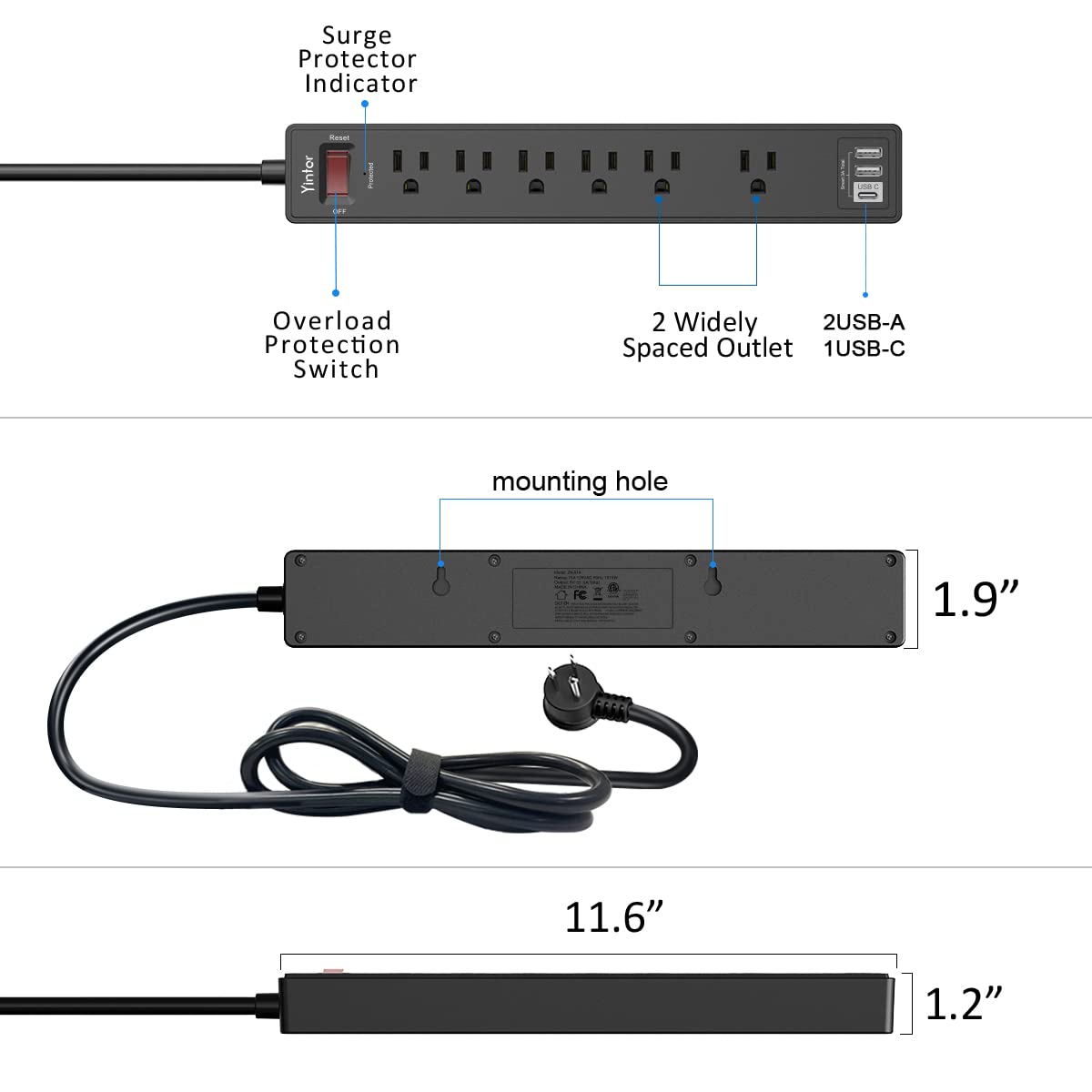 Yintar 6Ft Surge Protector Power Strip with 8 Outlets and 4 USB Ports