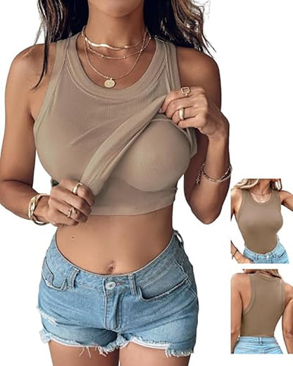 CHICME Women Built-in Bra Tank Tops Sleeveless Racerback Ribbed Fitted Tops