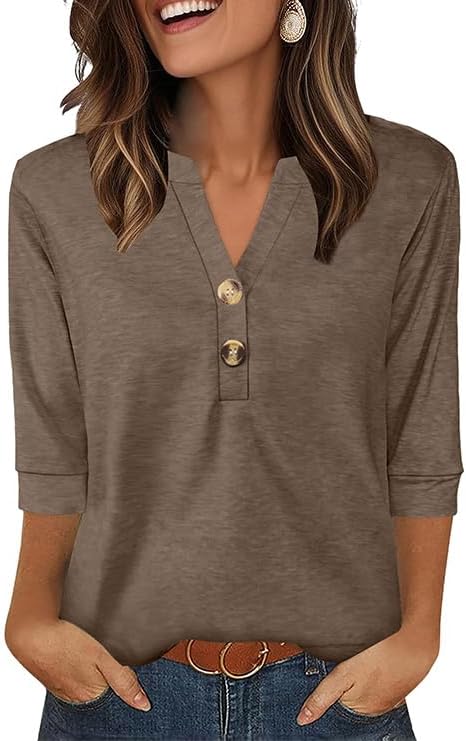 OFEEFAN Womens Tops 3/4 Sleeve Henley Shirts for Women Summer Outfits Fashion Clothing