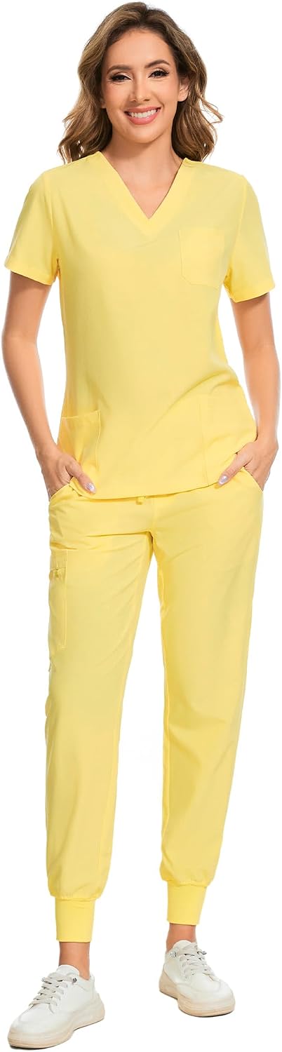COZYFIT Scrubs for Women Set - Stretch V-Neck & Jogger Pant with 9 Pockets