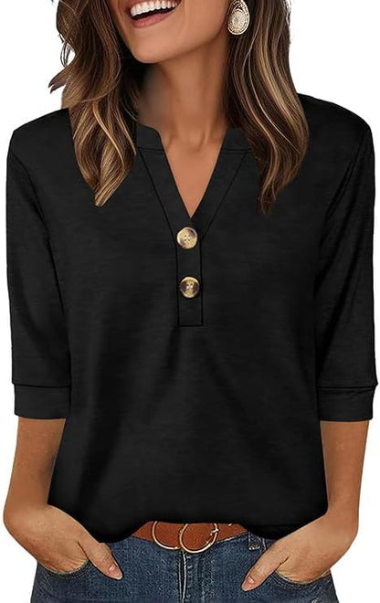 OFEEFAN Womens Tops 3/4 Sleeve Henley Shirts for Women Summer Outfits Fashion Clothing