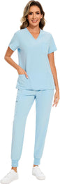 COZYFIT Scrubs for Women Set - Stretch V-Neck & Jogger Pant with 9 Pockets