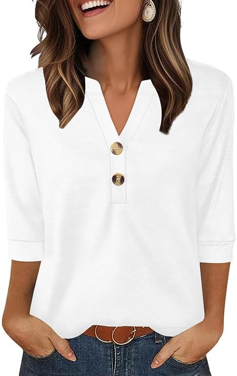 OFEEFAN Womens Tops 3/4 Sleeve Henley Shirts for Women Summer Outfits Fashion Clothing