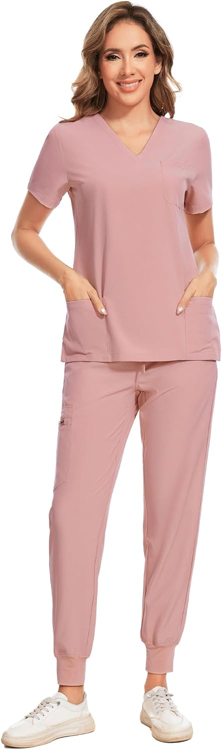COZYFIT Scrubs for Women Set - Stretch V-Neck & Jogger Pant with 9 Pockets