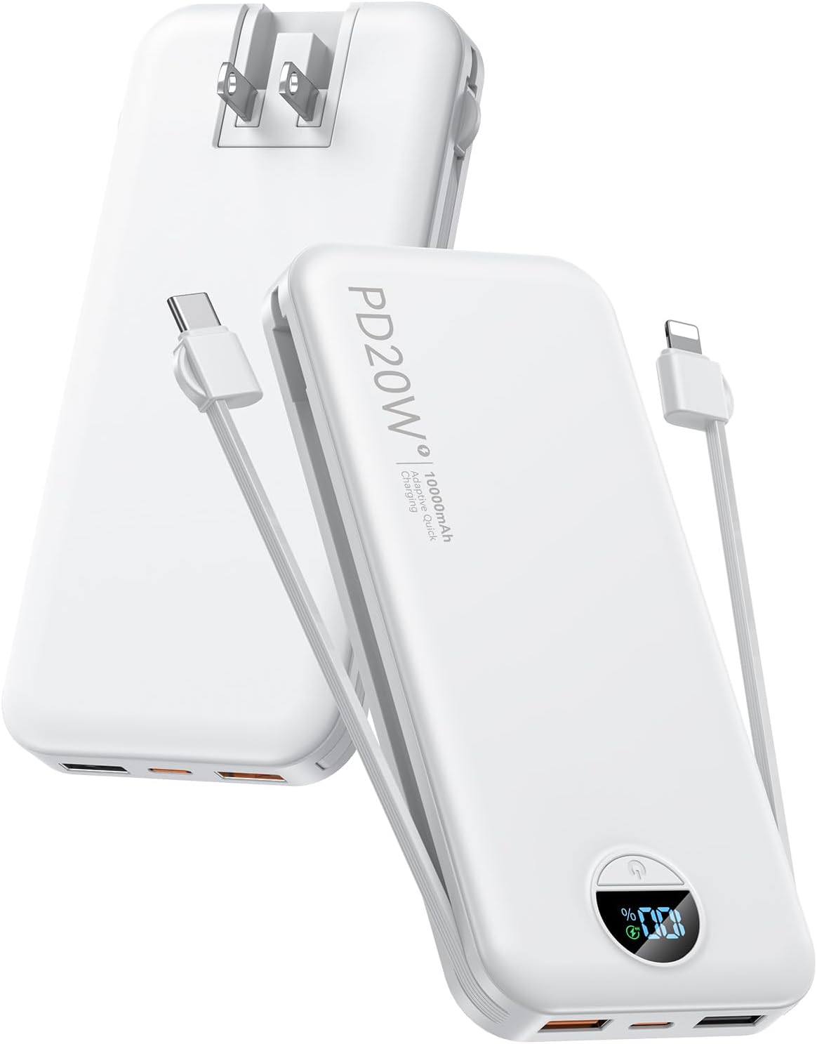 citicr Portable Charger 10000mAh PD20W w/Built-in Cables & Wall Plug White