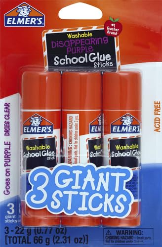 Elmer's Disappearing Purple School Glue Sticks, Washable, 22 Grams, 3 Count - Poster, Vision Board, Back to School Supplies, #1 Teacher Brand