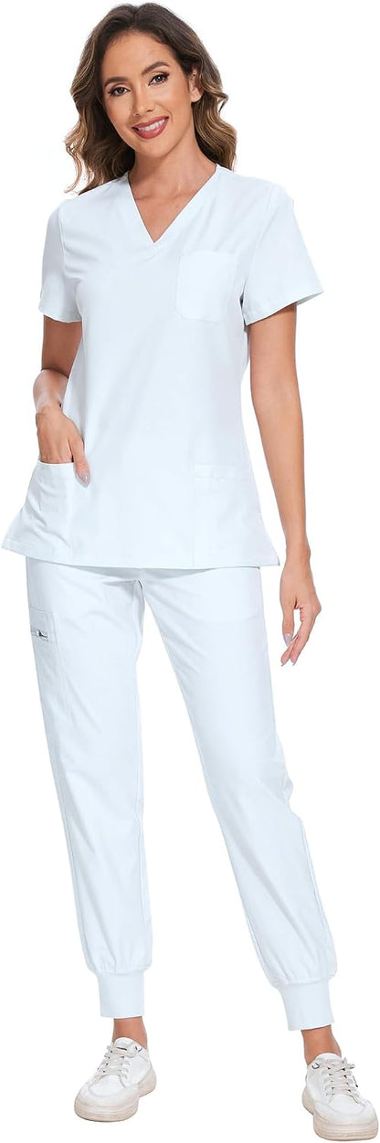 COZYFIT Scrubs for Women Set - Stretch V-Neck & Jogger Pant with 9 Pockets