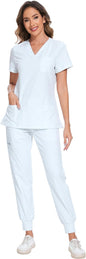 COZYFIT Scrubs for Women Set - Stretch V-Neck & Jogger Pant with 9 Pockets