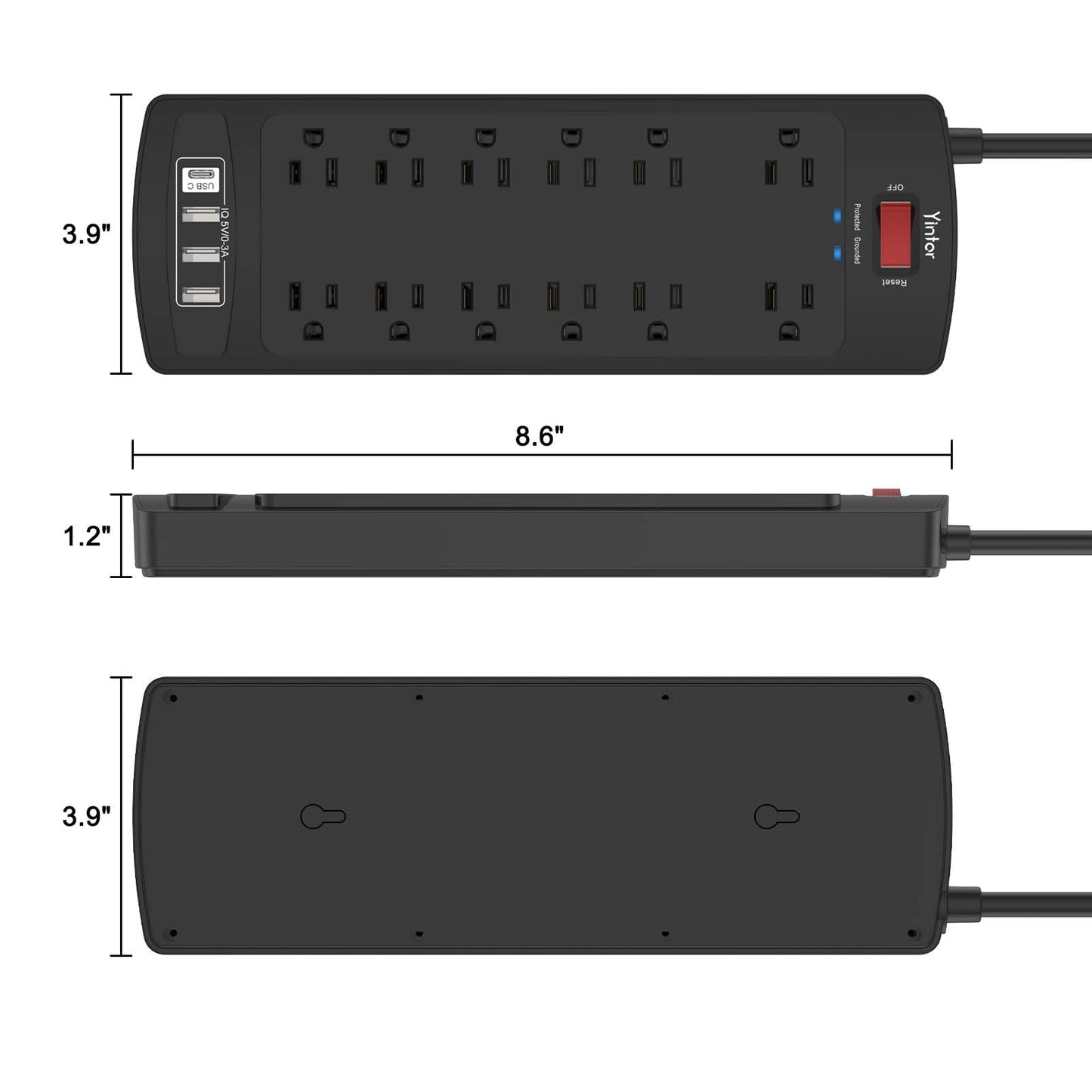 Yintar 6Ft Surge Protector Power Strip with 8 Outlets and 4 USB Ports