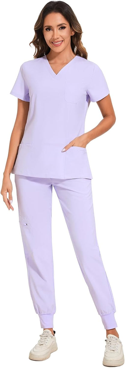 COZYFIT Scrubs for Women Set - Stretch V-Neck & Jogger Pant with 9 Pockets