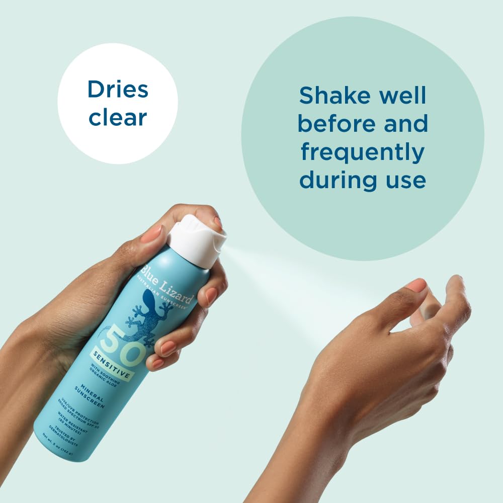 Blue Lizard Sensitive Mineral SPF 50 Sunscreen Lotion, 100% Mineral Sunscreen, UVA/UVB Protection, Infused with organic Aloe Vera, Soothes and Hydrates, 5 fl oz