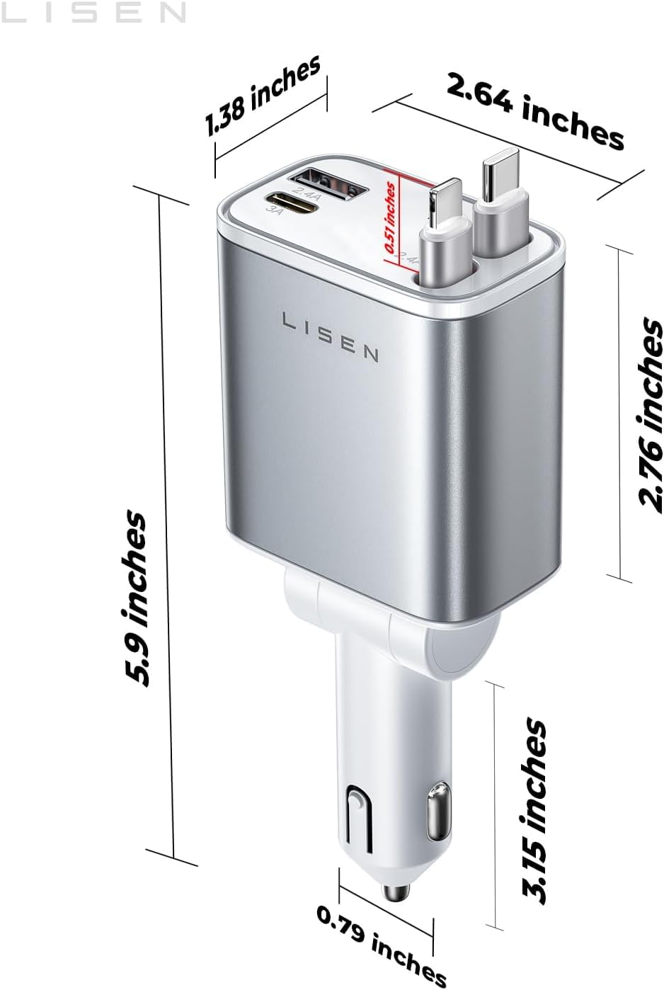 LISEN Retractable Car Charger, 84W Car Charger USB C Fast Charge, 4 in 1