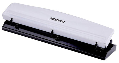 Bostitch Office Premium 3 Hole Punch, 12 Sheet Capacity, Metal, Rubber Base, Easy-Clean Tray, Silver