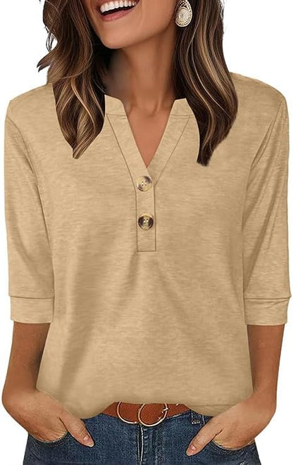 OFEEFAN Womens Tops 3/4 Sleeve Henley Shirts for Women Summer Outfits Fashion Clothing