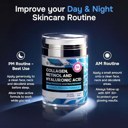 SimplyVital Face Moisturizer Retinol Collagen Hyaluronic Acid Cream 3.4 oz