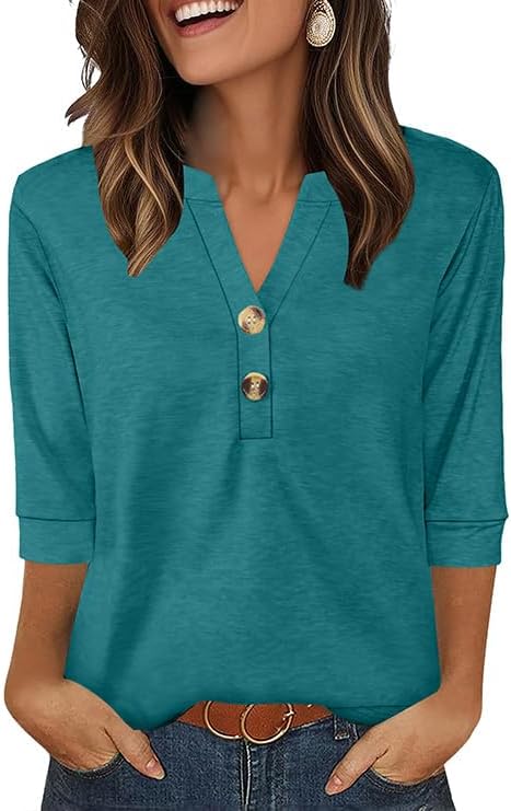 OFEEFAN Womens Tops 3/4 Sleeve Henley Shirts for Women Summer Outfits Fashion Clothing