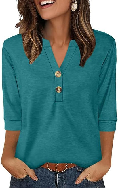 OFEEFAN Womens Tops 3/4 Sleeve Henley Shirts for Women Summer Outfits Fashion Clothing